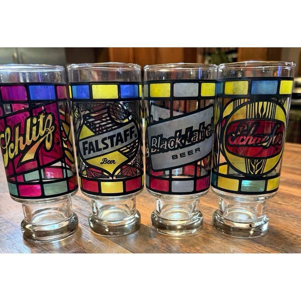 Vintage stained glass beer glasses, Schlitz Falstaff Black Label Schaefer. Set 4